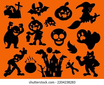 Group of mythical creatures silhouette like : witch, vampire, bat, werewolf, jack o lantern, ghost, cemetery, castle, and voodoo doll, best for wallpaper, background, and pattern with halloween themes