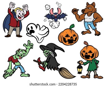 Group of mythical creatures, witch, vampire, bat, werewolf, jack o lantern, ghost, pumpkin face, and zombie, best for wallpaper, background, and pattern with halloween themes