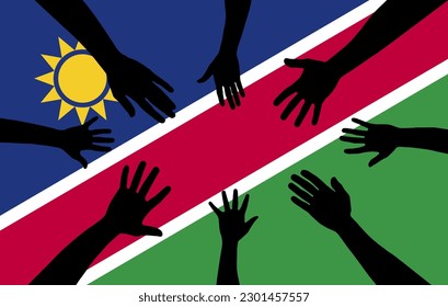 Group of Namibia people gathering hands vector silhouette, unity or support idea, hand gathering silhouette on Namibia flag, teamwork and togetherness concept, union of society