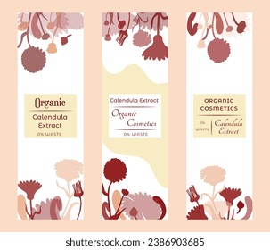 Group of narrow vertical banners for herbal cosmetics, perfumes, or other products. Banners decorated with silhouettes of plants that are placed above and below. Sample text in the center of a banner.