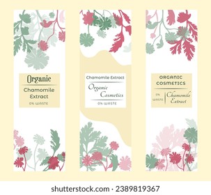 Group of narrow vertical banners for herbal cosmetics, perfumes, or other products. Banners decorated with silhouettes of plants that are placed above and below. Sample text in the center of a banner.