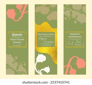 Group of narrow vertical banners for herbal cosmetics, perfumes, or other products. Banners decorated with silhouettes of violets that are placed above and below, golden outlines and textures.