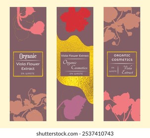 Group of narrow vertical banners for herbal cosmetics, perfumes, or other products. Banners decorated with silhouettes of violets that are placed above and below, golden outlines and textures.