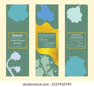 Group of narrow vertical banners for herbal cosmetics, perfumes, or other products. Banners decorated with silhouettes of violets that are placed above and below, golden outlines and textures.