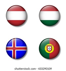 Group of Nation flag on button icon, Austria, Hungary,Iceland, Portugal, Group F