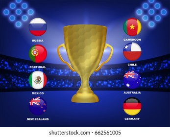 Group of nation soccer team on stadium and blue background in vector illustration. Template design for soccer match result.