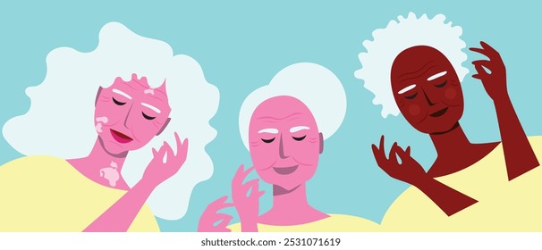 Group of natural senior women with diverse skin and vitiligo as imperfect perfection concept, premium flat vector stock illustration with hair care