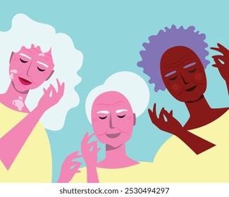 Group of natural senior women and self-care as a beauty concept, flat vector stock illustration with uncluttered and simple compositions