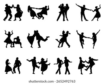 Group of Negative Dancing Couples Silhouette isolated white background. 1940s and 1950s style. Vector Illustration
