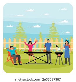 Grupo de vizinhos e amigos celebrando um churrasco alegre em um ambiente de quintal com comida e conversa animada sob um céu brilhante e alegre. Fazer um piquenique com o conceito do almoço.