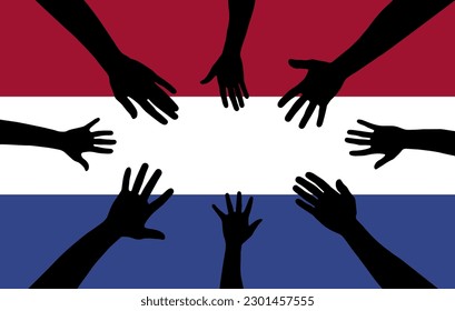 Group of Netherlands people gathering hands vector silhouette, unity or support idea, hand gathering silhouette on Netherlands flag, teamwork and togetherness concept, union of society