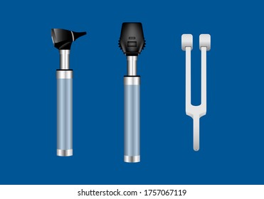 Group of neurological examination instruments including opthalmoscope, otoscope and tuning fork