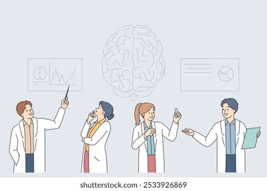 Group of neuroscientists is studying human brain trying to improve memory and intelligence. Male and female neuroscientists are developing new ways to diagnose and treat congenital diseases