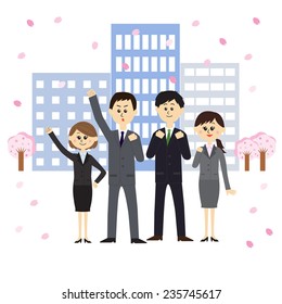 A group of newbie employees in front of office buildings with cherry blossom trees, vector illustration
