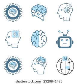 Group of nine AI icons, symbols. Set of Artificial intelligence lined style, cybernetic, ai, head, technology vector