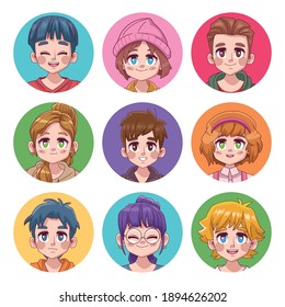 group of nine cute teenagers manga anime characters vector illustration design