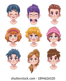 group of nine cute youngs teenagers manga anime characters vector illustration design