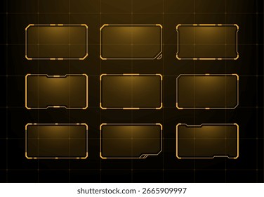 Grupo de nove quadros hud em gráficos vetoriais dourados em um plano de fundo de grade escura. Interface futurista para exibição digital.
