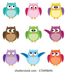Group of nine owls in different colors on white background