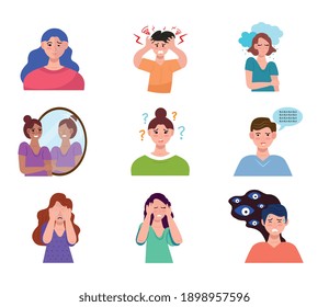 group of nine persons with bipolar disorder characters vector illustration design