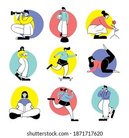 group of nine persons practicing activity characters vector illustration design
