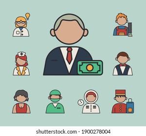 grupo de nueve profesionales empleados personajes con diferentes ocupaciones diseño de ilustración vectorial