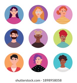group of nine young persons avatars characters vector illustration design