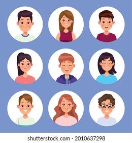 personajes de un grupo de nueve jóvenes