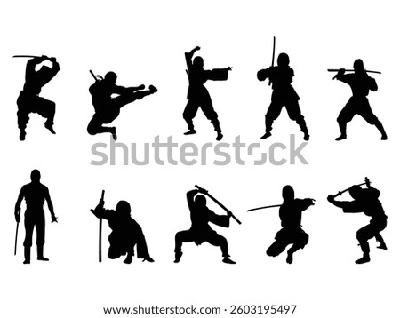 Group of Ninja Silhouette isolated white background. Vector Illustration