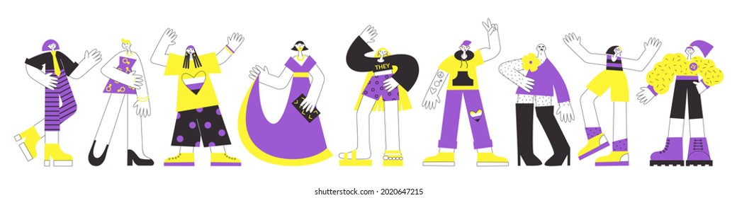 Group of non-binary people in colours of NB flag (yellow, purple). LGBTQ diversity and pride vector flat illustration concept set. Transgender and genderqueer person rights.