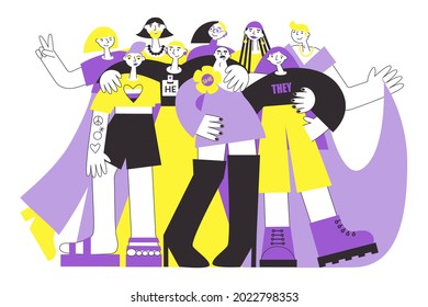 Group of non-binary people in colours of NB flag (yellow, purple). LGBTQ diversity and pride vector flat illustration concept set. Genderfluid and genderqueer person rights.