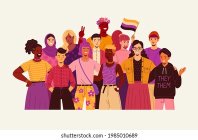 Group of non-binary people. Vector illustration in yellow-purple colors of diverse cartoon young adult people without gender identity in trendy flat style. Isolated on white - Shutterstock ID 1985010689