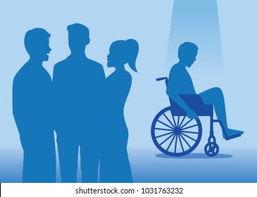 Group of normal people are talking with disabled people in the back. Illustration about disadvantaged people in society.