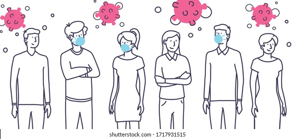 Group not social distancing spreading a 
 virus. Stay 2 meters apart and wear face mask to prevent infection. Flat colour vector illustration. Bold outlines