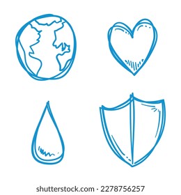 Group of objects in doodle style and blue outlines of globe, heart, water drop and shield.