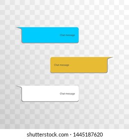 Group of objects variation chat bubble social network interface. Message in multicolored balloons with shadows isolated on a transparent background. Vector cell phone dialog illustration.