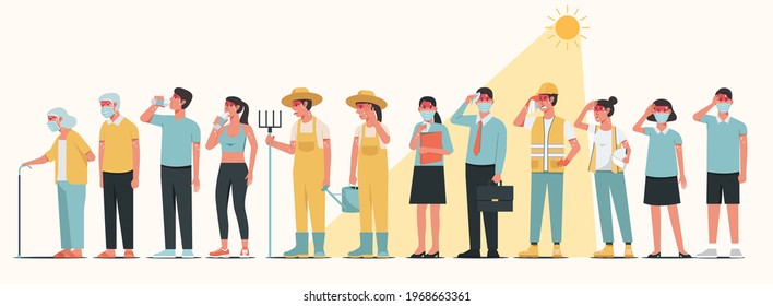 Group of occupation people characters wearing mask standing together in sunny weather in summer and having heatstroke symptoms, flat vector illustration