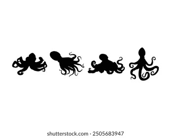 Grupo de silueta de pulpo aislado fondo blanco. Ilustración vectorial