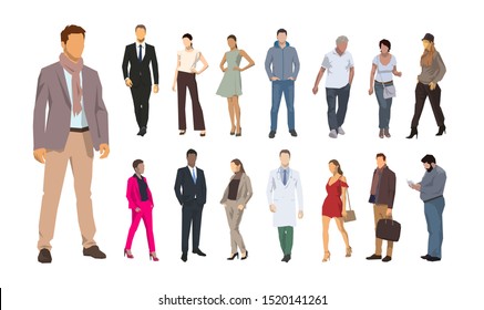 Group od people, flat design illustrations. Standing adult men and women vector isolated characters