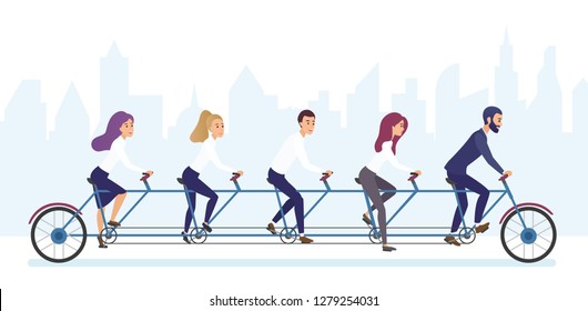 Group of office business people riding bicycle together. Tandem bicycle teamwork concept brvyot illustration.