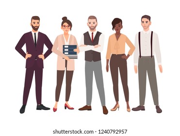 Group of office employees standing together. Team of smiling male and female professionals or colleagues. Cartoon characters isolated on white background. Colorful vector illustration in flat style.