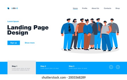 Group of office employees standing together flat vector illustration. Cartoon happy professional workers portrait in suit. Business team, career and startup concept