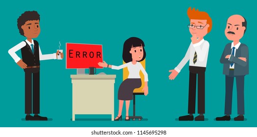 A group of office employees is trying to solve a problem with the computer. Vector illustration. Flat design style.