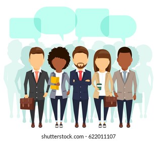 A group of office staff lined up. Speech bubbles over their heads. Without a face. Cartoon. In flat style on white background.