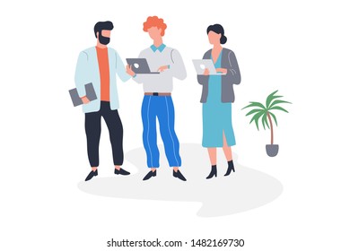 Group of office worker looking at the laptop computer. Female and male character on discussion. Isolated vector illustration in cartoon style