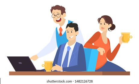 Group Of Office Worker Sitting At The Desk And Looking At The Laptop Computer. Female And Male Character On Discussion. Isolated Vector Illustration In Cartoon Style