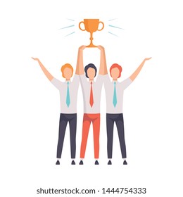 Group of Office Workers Celebrating Victory, Successful Business Team with Winner Cup, Teamwork, Cooperation, Partnership Vector Illustration