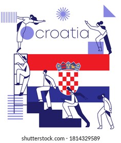 Group of office workers climbing the stairs of success with national flag and geometrical elements isolated on white background : Flag of Croatia : Vector Illustration