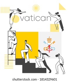 Group of office workers climbing the stairs of success with national flag and geometrical elements isolated on white background : Flag of Vatican : Vector Illustration