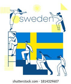 Group of office workers climbing the stairs of success with national flag and geometrical elements isolated on white background : Flag of Sweden : Vector Illustration